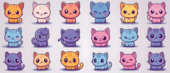 A colorful collection of adorable cartoon cats featuring various expressions and colors, perfect for cat lovers and children's designs.