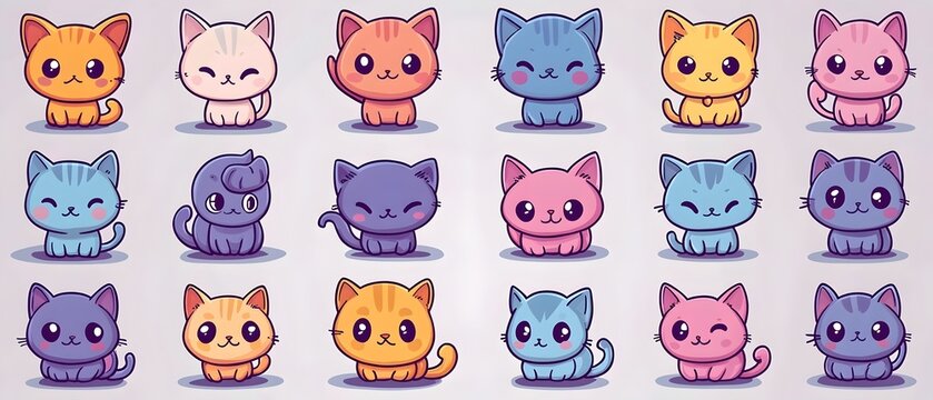 A colorful collection of adorable cartoon cats featuring various expressions and colors, perfect for cat lovers and children's designs.