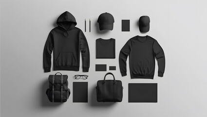Create a realistic mockup of a design template. Dark black colors. Classic stationery template. Hoodie, T-shirt, Hat, Cap, Travel bag, Business card, isolated on a plain white background.
