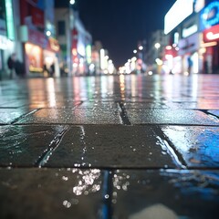 Fototapeta premium A wet street at night reflecting colorful lights from nearby shops.