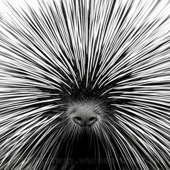 A close-up of a porcupine's face, showcasing its striking quills in black and white, emphasizing texture and detail.