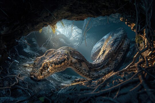 A snake coiled inside a dark and mysterious cave