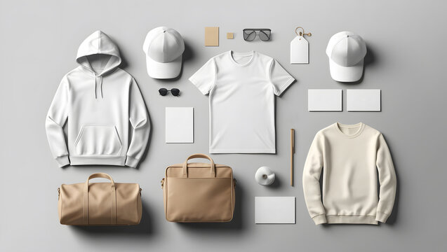 Create a realistic mockup of a design template. White and Soft colors. Classic stationery template. Hoodie, T-shirt, Hat, Cap, Travel bag, Business card, isolated on a plain white background.
