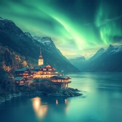 Obraz premium Serene lakeside village under vibrant auroras and majestic mountains.