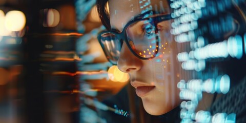 Woman using a tablet for programming and online networking in an office setting. Emphasizing communication and data analysis through digital technology