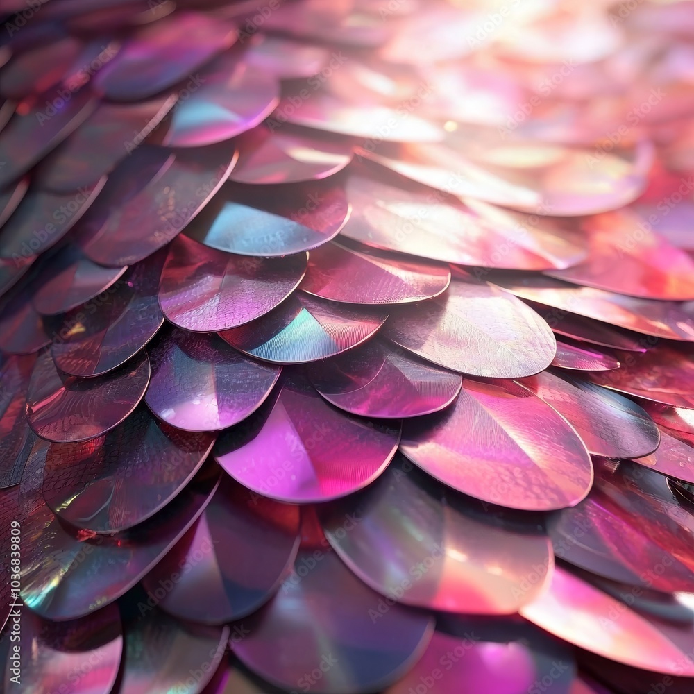 Poster close-up of iridescent pink and purple scales glimmering under soft light, creating a mesmerizing te