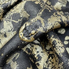 Obraz premium Close-up of a stunning black and gold snake skin pattern, showcasing intricate textures and vibrant contrast.