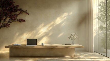 A minimalist, modern desk with a sleek laptop, a simple pen and a cup of coffee neatly placed next to it
