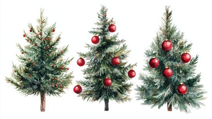 Collection of Christmas tree drawn with a brush on a white isolated background,greeting season and gift in christmas day,winter season,New Year decorations,fairy lights,copy space.