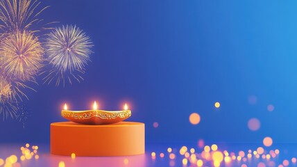 Banner design for diwali festival and purple podium,Diwali light decoration candle with fireworks,Stage,Product display Showcase design sparkle background,Deepavali,Dipavali,3D podium illustration.