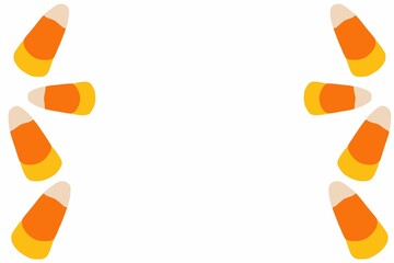 side border frame filled with candy corn confectionary illustration doodle, celebrate Halloween banner on 31 October. White background.