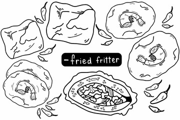 hand drawn set of fried fritters (Indonesian snacks) like crispy fried tofu, "bakwan udang", and tofu filled with vegetables like carrot and cabbage. Usually with whole chili. Outline doodle.