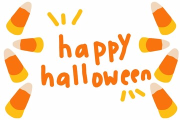 Hand written "Happy Halloween" with candy corn border doodle decoration. Spooky fun, trick or treat theme concept.