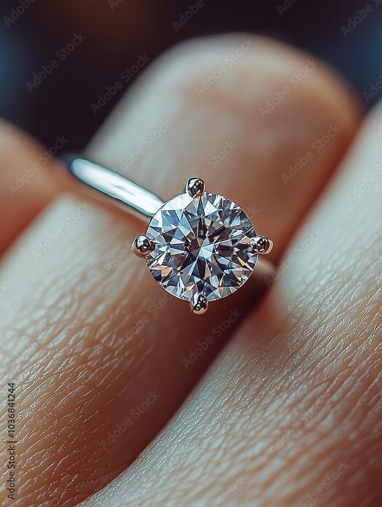 Wall mural a close-up of a stunning diamond engagement ring resting on a finger, showcasing its exquisite brill