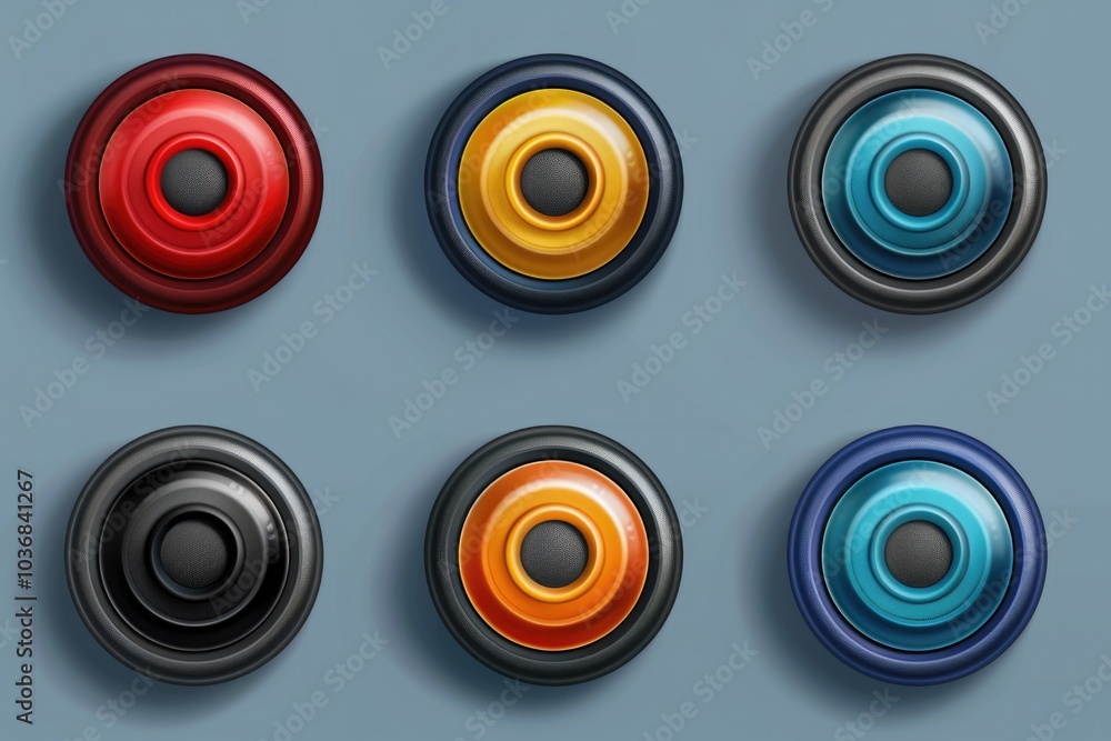 Poster set of colorful buttons with various designs and shapes
