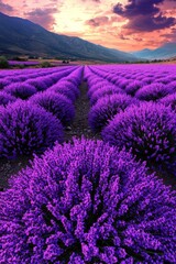 Obraz premium Vibrant lavender fields at sunset, showcasing rows of blooming purple flowers under a stunning sky.