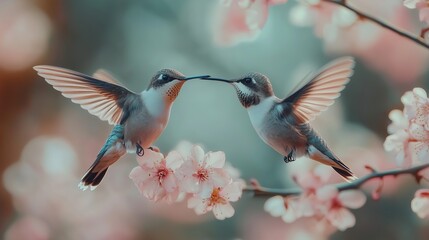 Two hummingbirds bird with pink hummingbird flower.