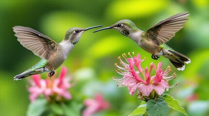 Naklejka premium Two hummingbirds bird with pink hummingbird flower.