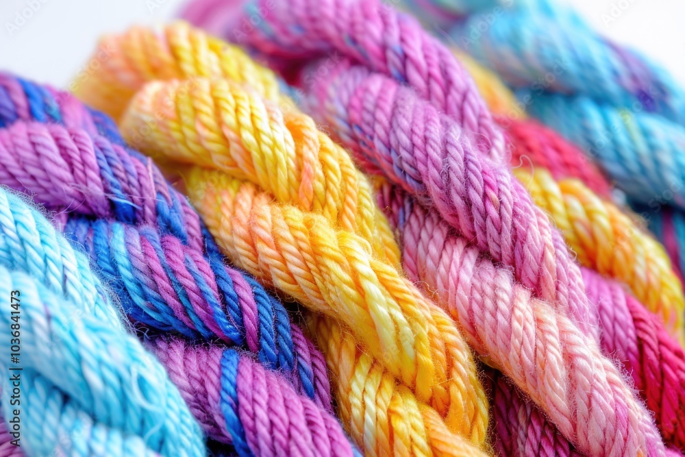 Poster a close-up shot of a multi-colored yarn, ideal for use in crafting or textiles