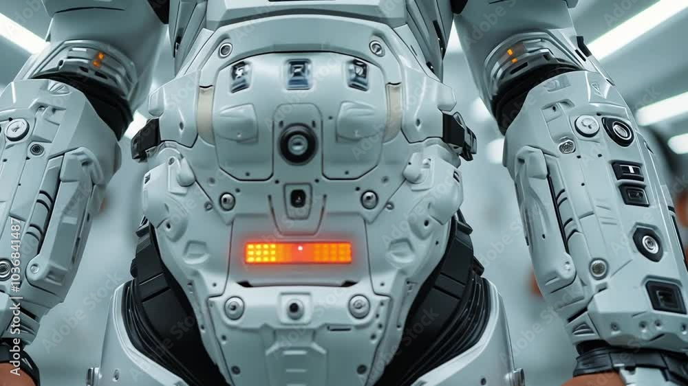 Poster this futuristic robotic exoskeleton is displayed in a modern laboratory setting, showcasing innovati