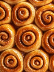Close-up of freshly baked cinnamon rolls with a glossy glaze, showcasing their swirled design and doughy texture.