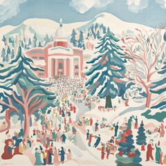 Obraz premium A vibrant winter scene with people celebrating in a snowy landscape.