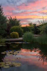 Beautiful sunset over a tranquil pond, reflecting vibrant colors and surrounded by lush greenery and water lilies.