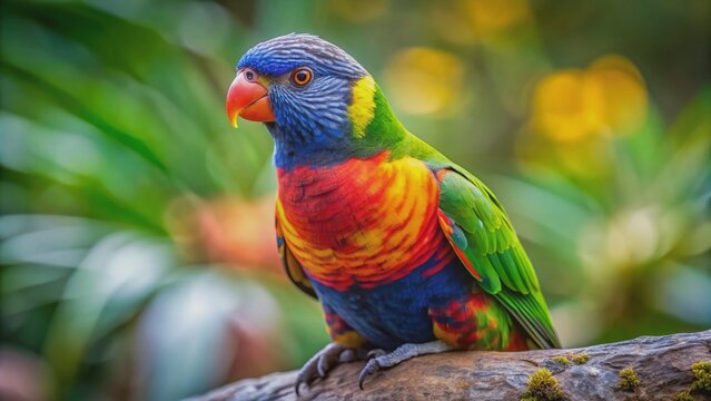 A gentle Loriini parrot with vibrant plumage sits alone on a weathered stone, its bright eyes gazing directly at the camera with curious intensity.