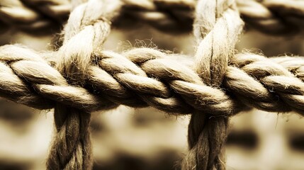Complex web of interconnected ropes symbolizing intricate business relationships and antitrust challenges, with a focused foreground rope representing the effort to break monopolies.