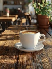 Obraz premium A beautifully crafted latte in a white cup sits on a rustic wooden table, bathed in warm morning light.