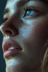 Close-up portrait of a woman with freckles on her face, suitable for personal or commercial use