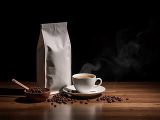 Coffee packaging mockup with aromatic beans and steaming cup