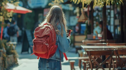 Fototapeta premium A woman wearing casual clothing and carrying a bright red backpack walks down a city sidewalk, suitable for use in travel or adventure-themed projects