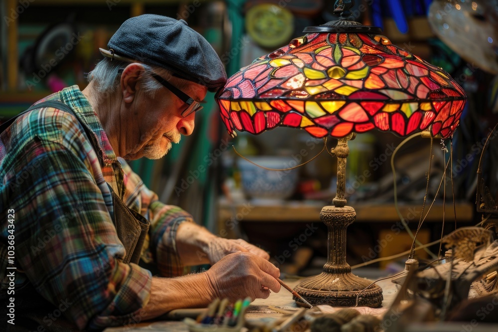 Poster a person fixing a lamp in a workshop setting