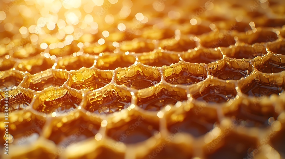 Poster close-up of golden honeycomb filled with glistening honey, showcasing intricate hexagonal patterns i