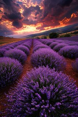 Obraz premium Stunning sunset over vibrant lavender fields, showcasing rows of lush purple blooms under dramatic skies.