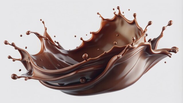 Rich dark chocolate splash frozen in mid-air against a pristine white background, showcasing velvety texture and deep brown color, perfect for indulgent foodie visuals.