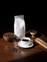 Coffee packaging mockup with aromatic beans and steaming cup