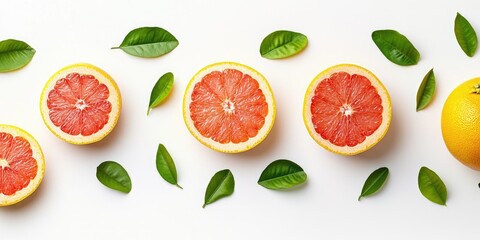 Fresh grapefruits cut in half on a clean white surface