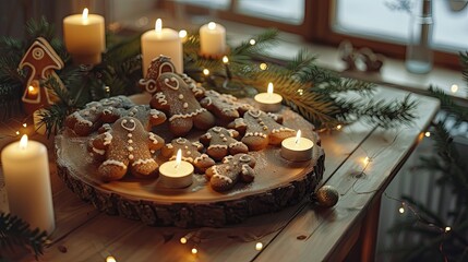 Fototapeta premium A wooden tray with gingerbread cookies in the shape of houses
