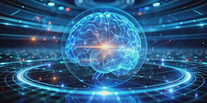 Digital Brain Hologram Hud. Artificial intelligence AI machine deep learning. Business Technology Internet Network Concept