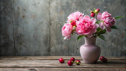 Soft Pink Peonies Gracefully Arranged in a Porcelain Vase Against a Weathered Wooden Background, Accompanied by a Delicate Scattering of Red Berries