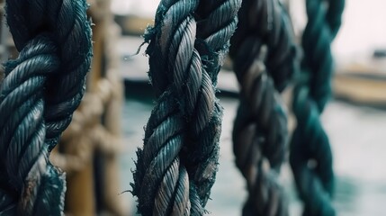 Complex web of interconnected ropes symbolizing intricate business relationships and antitrust challenges, with a focused foreground rope representing the effort to break monopolies.