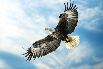 Obraz premium A majestic bald eagle soaring through a bright blue sky