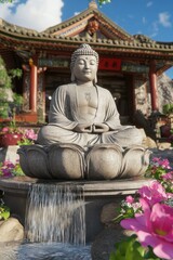 A serene Buddha statue sits peacefully on a lotus flower in a vibrant garden setting, surrounded by blooming flowers.