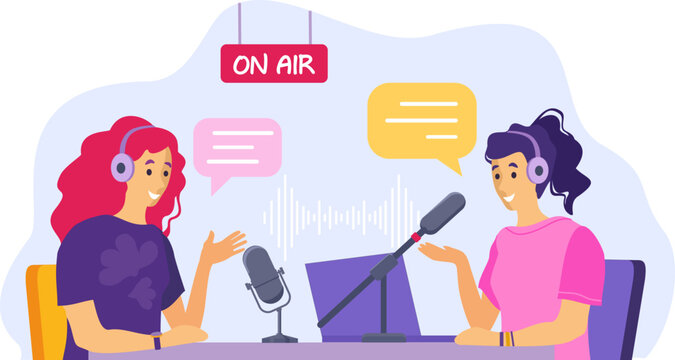 Podcast illustration. Female radio host interviewing guests on radio station. Podcast in studio flat illustration. Women in headphones talking