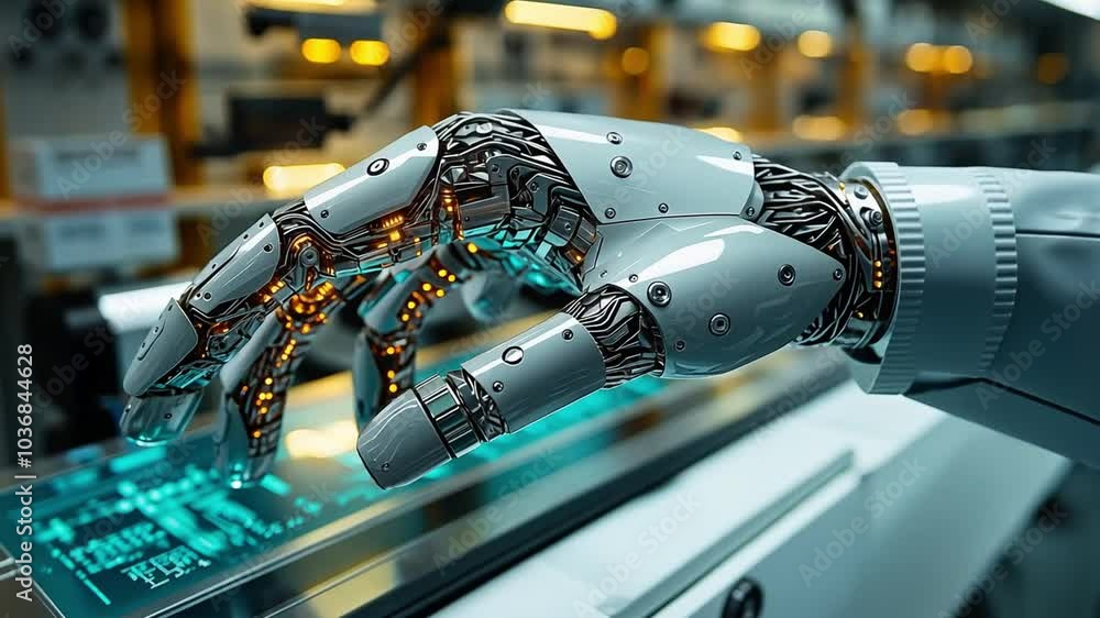 Aufkleber this detailed robotic hand with circuitry moves towards a digital display in a factory. prosthesis