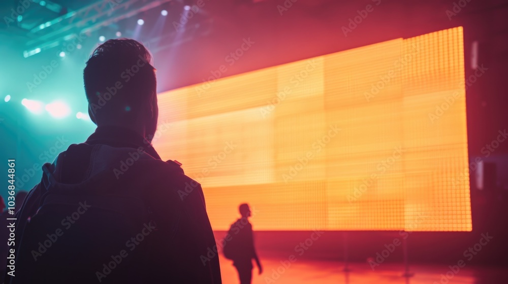 Wall mural a person stands in front of a large screen with information displayed