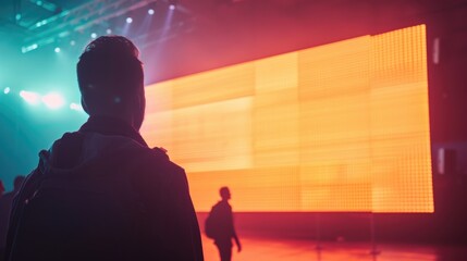 A person stands in front of a large screen with information displayed