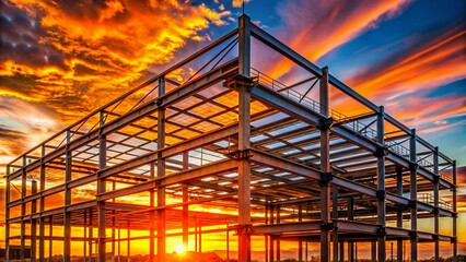 Vibrant orange sunset casts warm glow on massive structural steel beam framework of large residential building under construction, showcasing modern urban development landscape.
